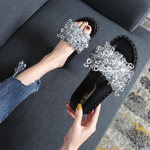 slippers sweet heart glitter platfrom women 2021 summer slides shoes silver beading flip flops studs sanddalias big size 44, Black